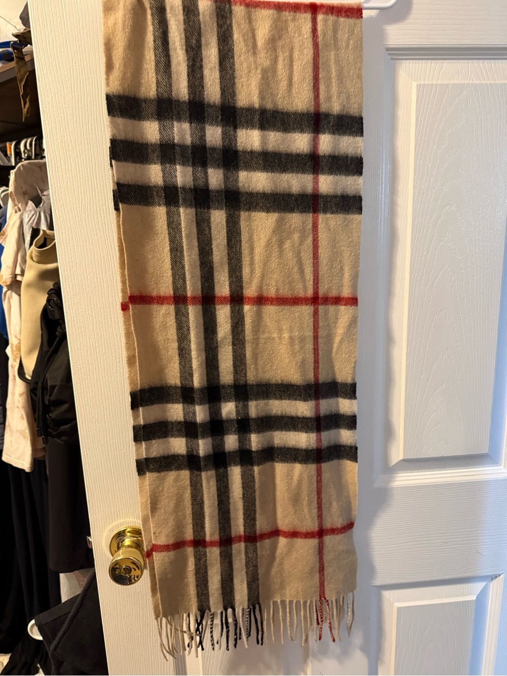 Burberry Beige Plaid Fringe Scarf - Beige/Black/Red
